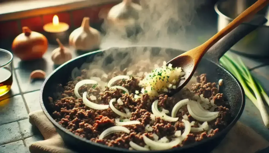 Ground beef sautéing with onions in a skillet, topped with minced garlic and herbs, surrounded by fresh garlic and onions in a cozy kitchen.