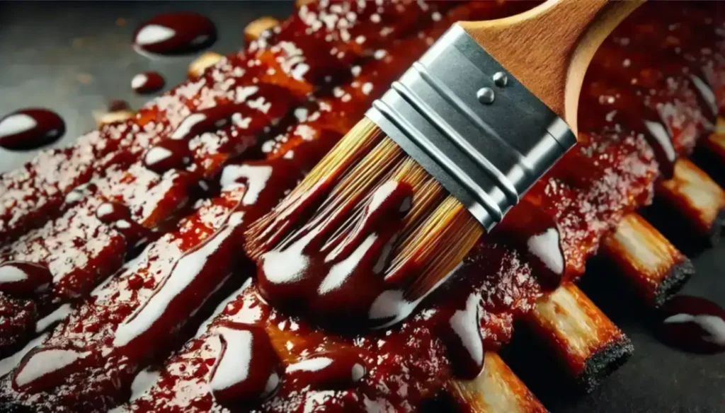 A close-up of barbecue ribs being brushed with a thick layer of sauce using a wooden-handled brush.