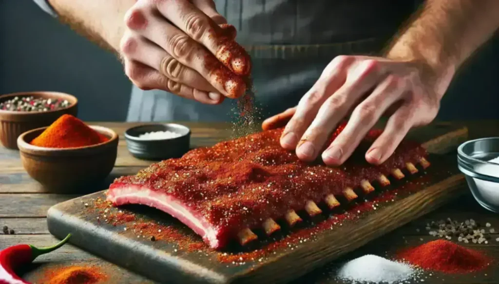 Person seasoning a rack of ribs with spices on a wooden board surrounded by bowls of seasoning ingredients