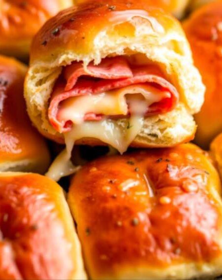 Golden-brown Italian sliders with melted cheese and sliced ham, oozing filling, arranged closely together.