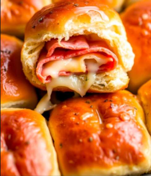 Golden-brown Italian sliders with melted cheese and sliced ham, oozing filling, arranged closely together.