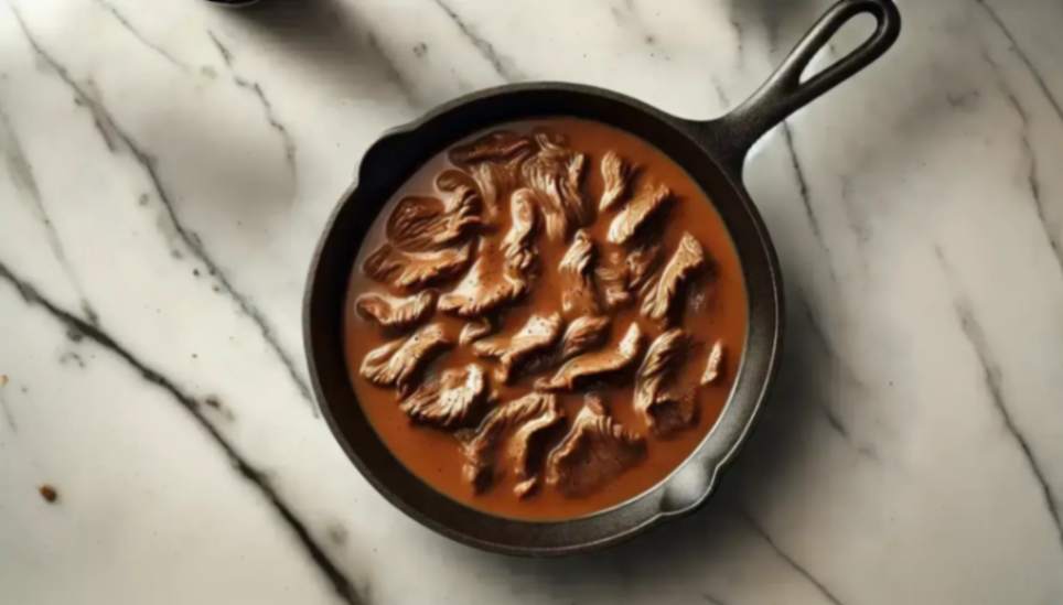 Slices of beef simmering in a rich, thick brown sauce in a cast-iron skillet on a marble countertop.