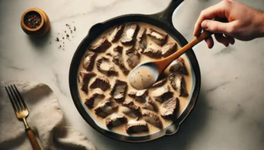 Slices of beef cooking in a creamy sauce in a cast-iron skillet, with a hand stirring using a wooden spoon.