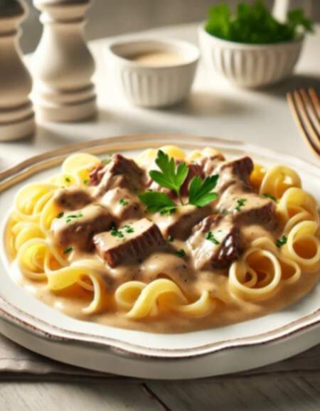 Beef Stroganoff Recipe served over egg noodles on a white plate, garnished with parsley, on a clean dining table.