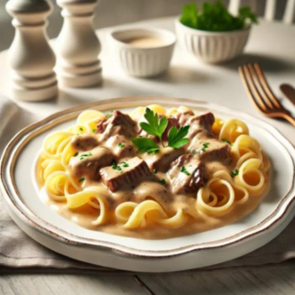 Beef Stroganoff Recipe served over egg noodles on a white plate, garnished with parsley, on a clean dining table.