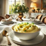 A beautifully presented bowl of homemade mashed potatoes garnished with fresh herbs on an elegant dining table with soft lighting and decor.