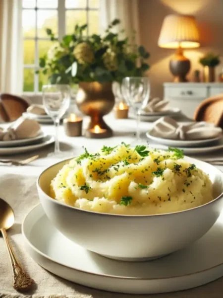A beautifully presented bowl of homemade mashed potatoes garnished with fresh herbs on an elegant dining table with soft lighting and decor.