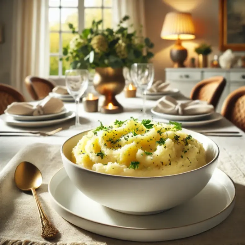 A beautifully presented bowl of homemade mashed potatoes garnished with fresh herbs on an elegant dining table with soft lighting and decor.