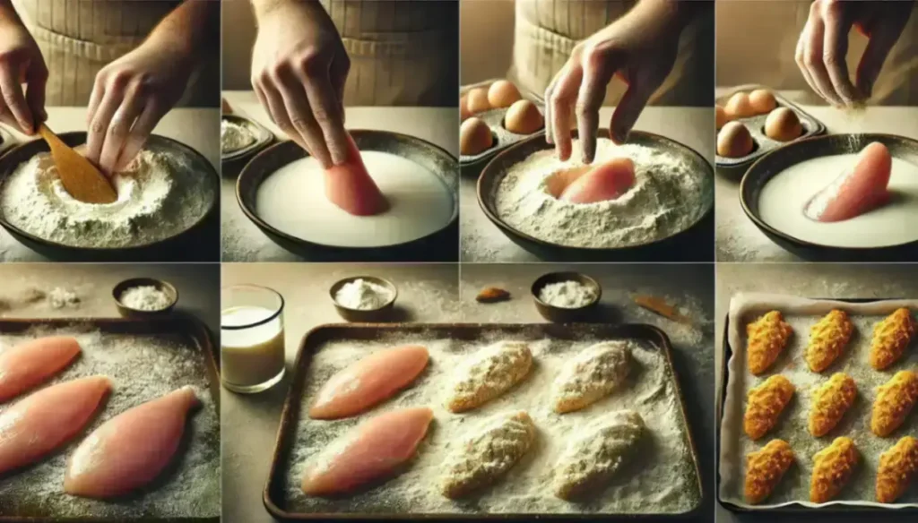 Step-by-step process of breading chicken with flour, milk, and eggs, ending with golden baked chicken on a tray.