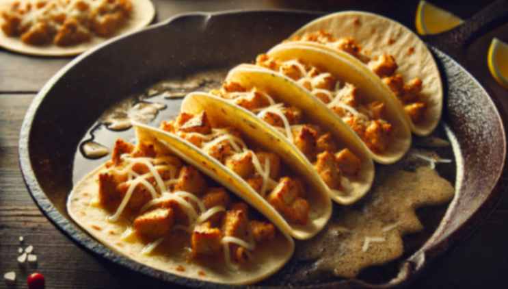 Five chicken tacos with melted cheese in a cast-iron skillet, with a golden-brown sear and garnished with cheese shreds.