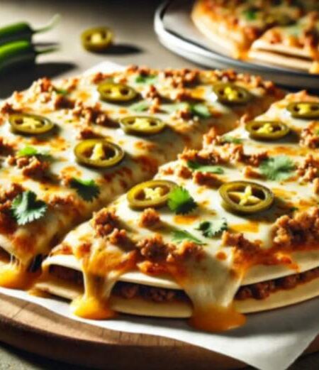 Close-up of a cheesy Mexican pizza on a white plate with ground beef, jalapeños, and cilantro, on a double tortilla base.