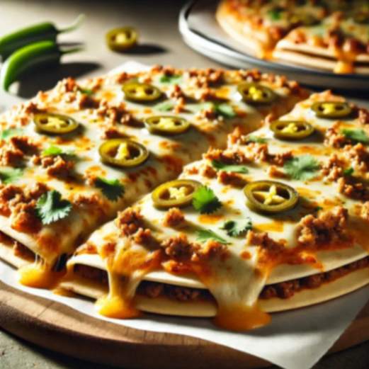 Close-up of a cheesy Mexican pizza on a white plate with ground beef, jalapeños, and cilantro, on a double tortilla base.