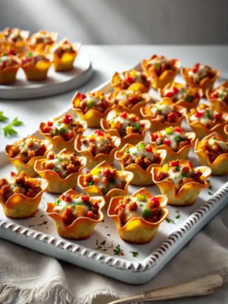 Crispy wonton cups filled with cheesy sausage mixture, topped with colorful peppers and garnished with herbs, served on a white platter.