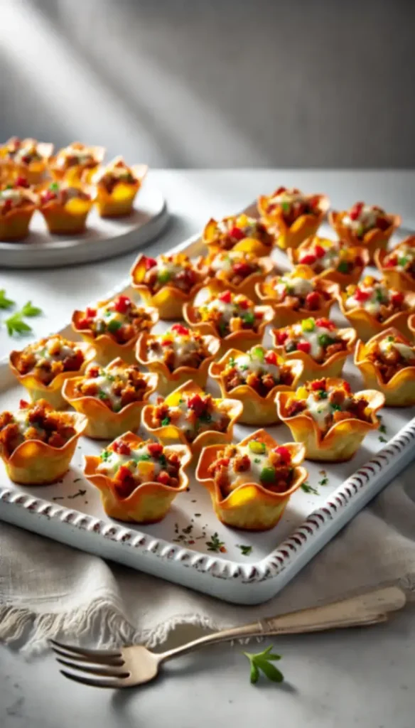 Crispy wonton cups filled with cheesy sausage mixture, topped with colorful peppers and garnished with herbs, served on a white platter.