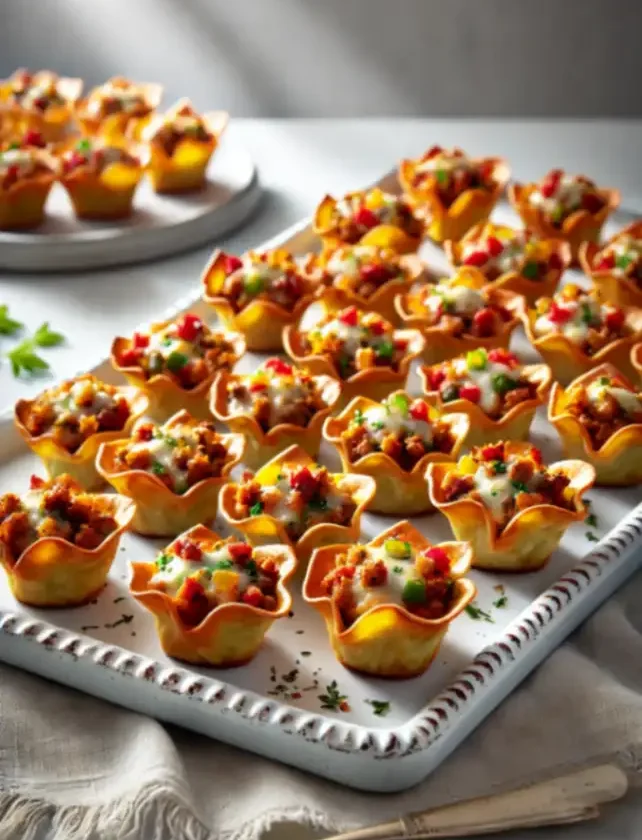 Crispy wonton cups filled with cheesy sausage mixture, topped with colorful peppers and garnished with herbs, served on a white platter.