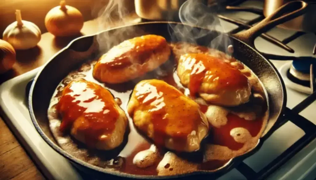 Four tender chicken breasts simmering in rich golden-brown gravy, absorbing flavors in a warm skillet with rising steam.