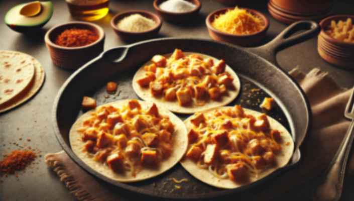 Three chicken and cheese tacos on tortillas cooked in a cast-iron skillet, surrounded by spices, cheese, and ingredients.