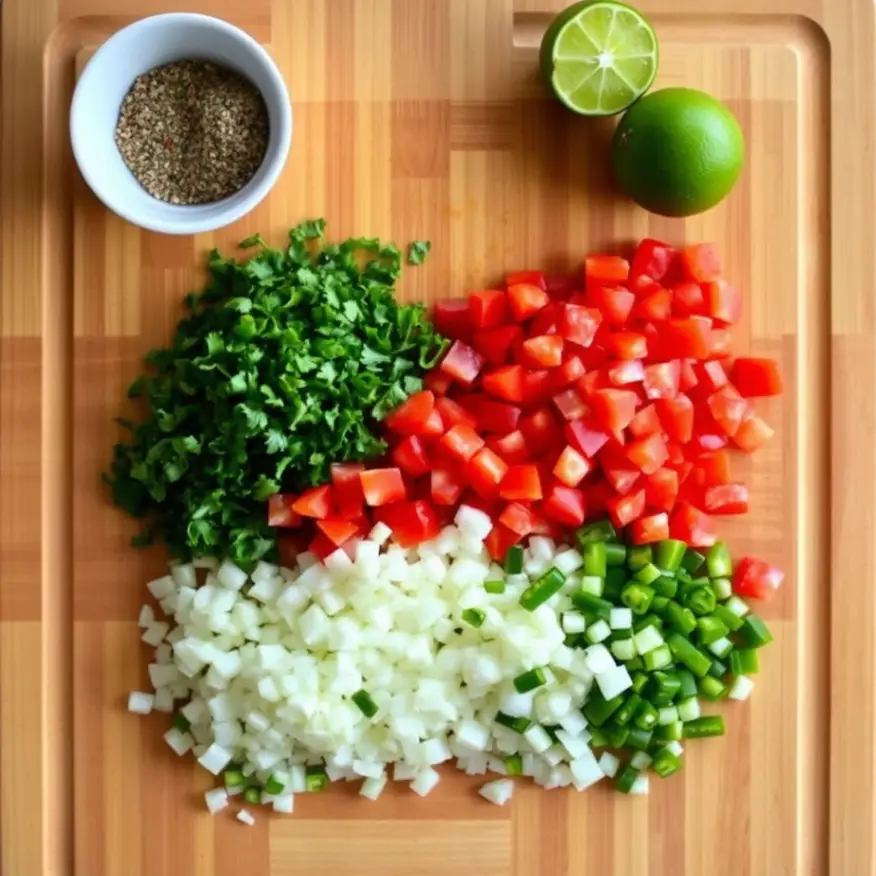 Chopped cilantro, tomatoes, onions, jalapeños, lime, and pepper on a wooden cutting board for a fresh pico de gallo recipe.