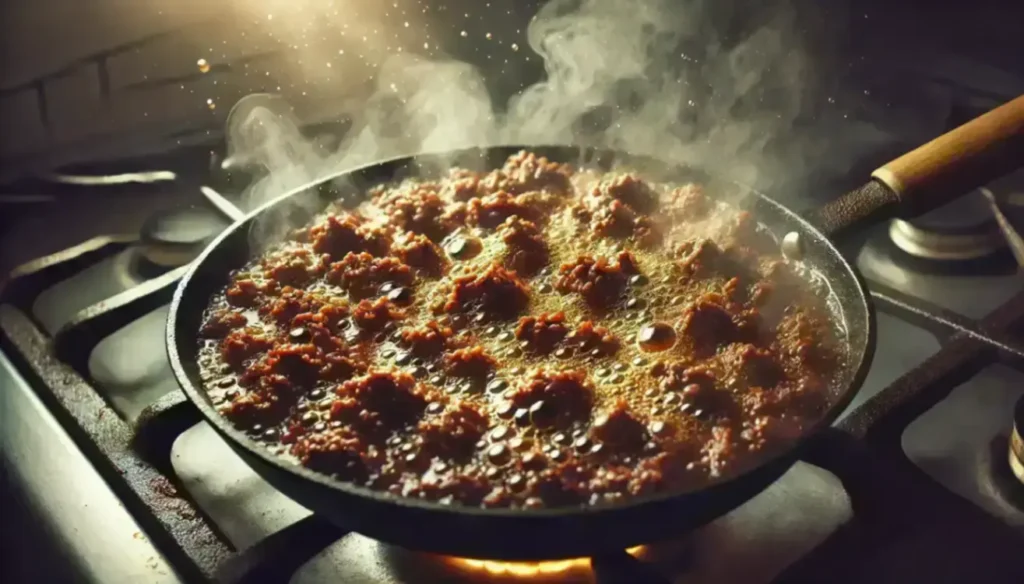 Ground beef simmering in a skillet with rich tomato sauce on a stovetop, steaming and bubbling for a flavorful recipe.