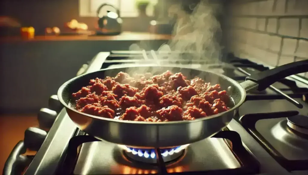 A skillet on a gas stove cooking minced beef in a rich tomato sauce, with steam rising and a cozy kitchen background.