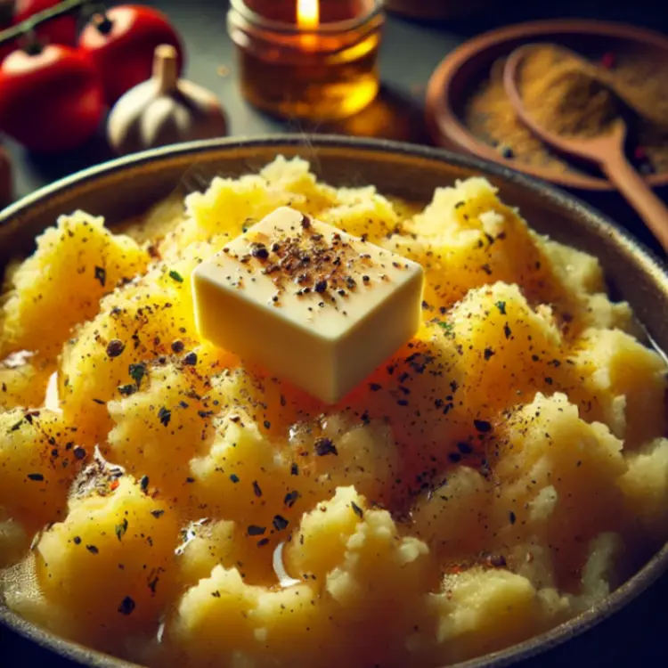 Chunks of cooked potatoes in a pot, topped with melting butter, black pepper, and seasoning, ready for mashing, with rich textures visible.