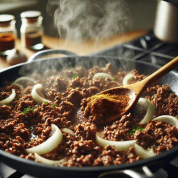 Ground beef browning in a skillet with chopped onions, garlic, and spices like chili powder and cumin, stirred with a wooden spoon.