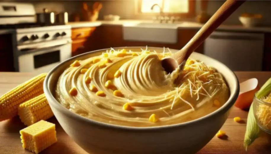 A bowl of creamy corn puree garnished with corn kernels and cheese, with a wooden spoon, in a cozy kitchen setting.