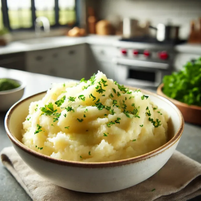 A bowl of creamy mashed potatoes topped with fresh parsley, set on a kitchen counter with a homely background.