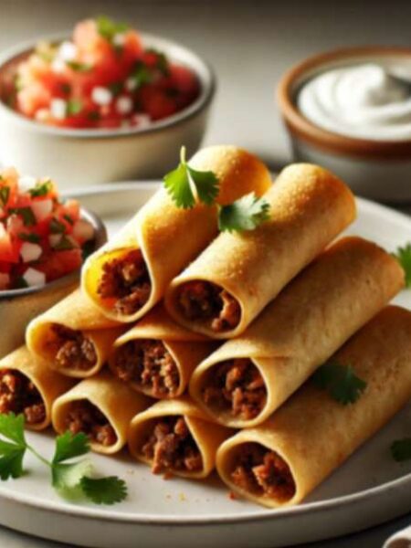 A plate of crispy easy beef taquitos garnished with fresh cilantro, served with pico de gallo and sour cream on the side.