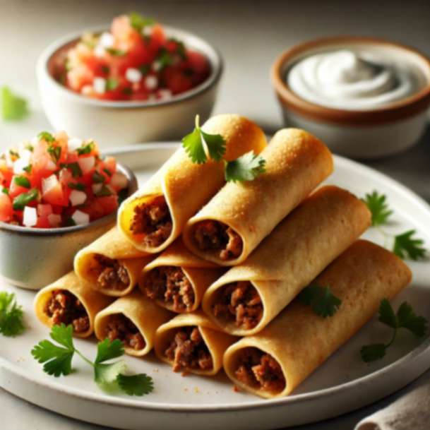 A plate of crispy easy beef taquitos garnished with fresh cilantro, served with pico de gallo and sour cream on the side.