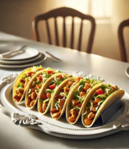 Crispy one pan chicken tacos with seasoned chicken, shredded lettuce, and diced tomatoes served on a white plate.