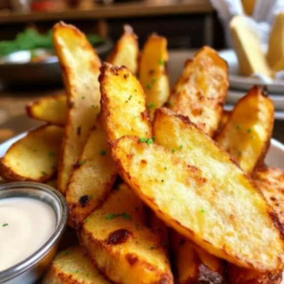 Golden, crispy potato wedges garnished with herbs, served with a small bowl of creamy dipping sauce on a plate.