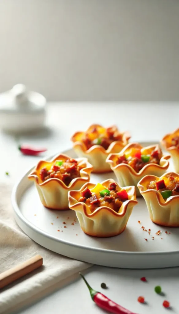 Crispy Cheesy Sausage Wonton Cups with peppers, neatly arranged on a white plate with a clean background.