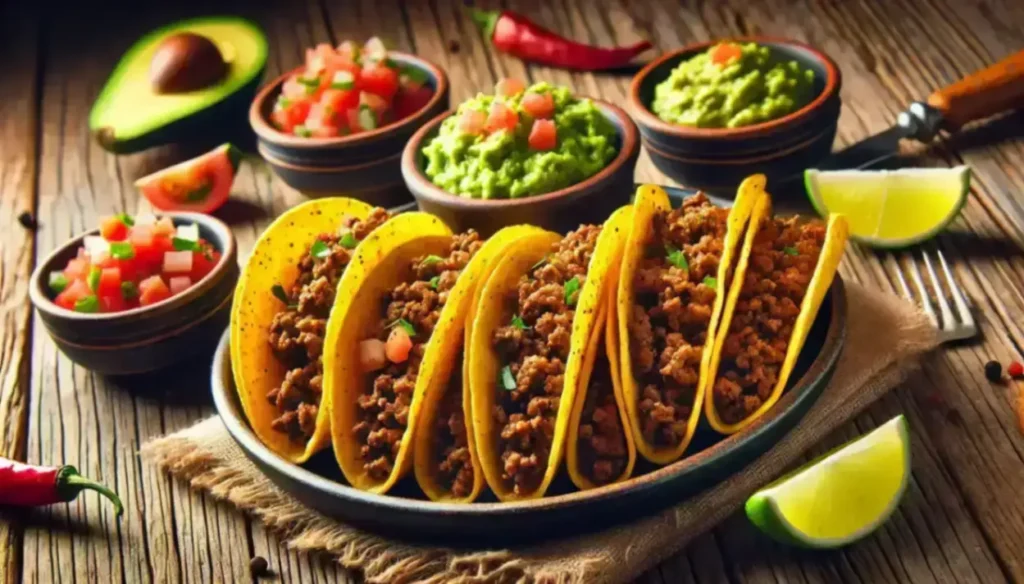 Delicious tacos with seasoned meat and fresh toppings, served with guacamole, salsa, and lime wedges on a rustic wooden table.