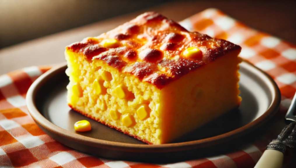 A close-up of a golden-brown slice from an easy cornbread casserole recipe, featuring a soft texture and visible corn kernels on a plate.