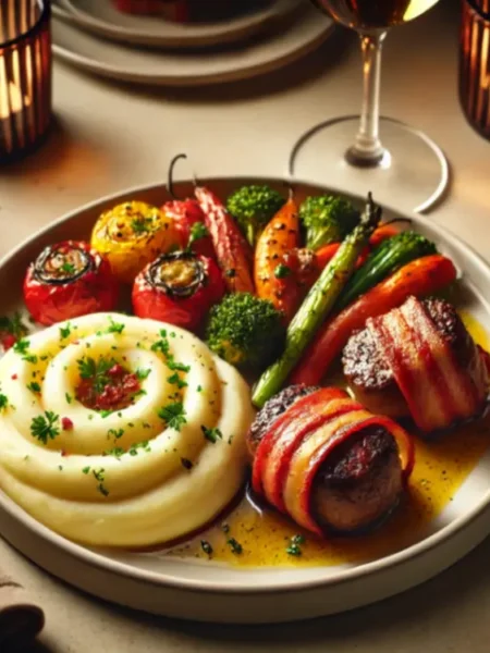 A dish featuring creamy homemade mashed potatoes, roasted vegetables, and golden-brown bacon-wrapped steak bites on a sophisticated dining table.