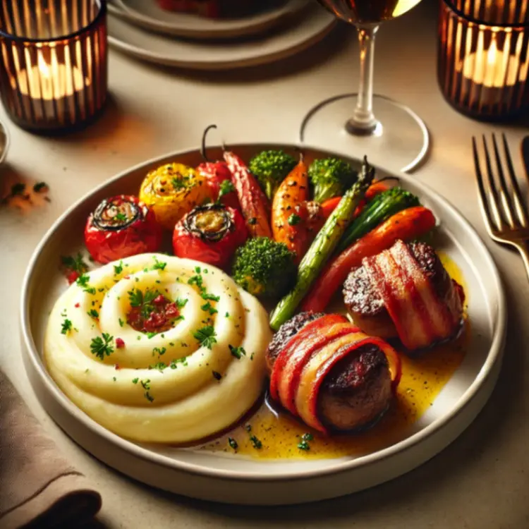 A dish featuring creamy homemade mashed potatoes, roasted vegetables, and golden-brown bacon-wrapped steak bites on a sophisticated dining table.