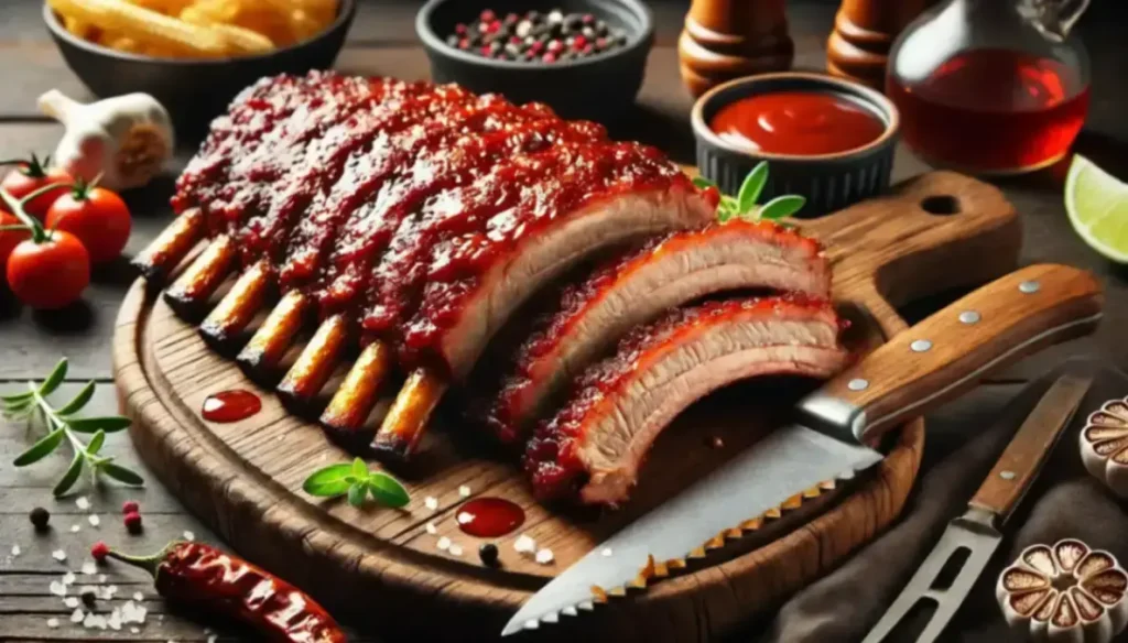 A rack of barbecue ribs sliced on a wooden cutting board, surrounded by fresh herbs, sauces, and spices.