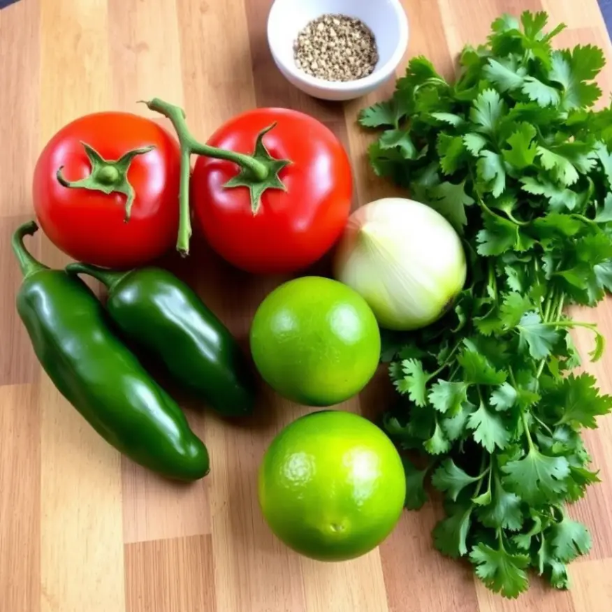 Fresh tomatoes, jalapeños, limes, onion, cilantro, and seasonings on a wooden cutting board, ready for cooking.