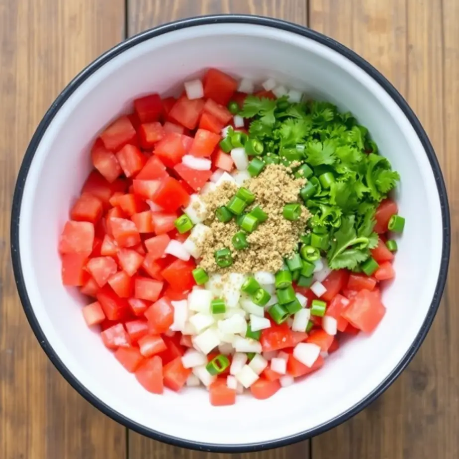 Diced tomatoes, onions, jalapeños, cilantro, and spices in a bowl, ready to be mixed for fresh Pico de Gallo in a bowl.