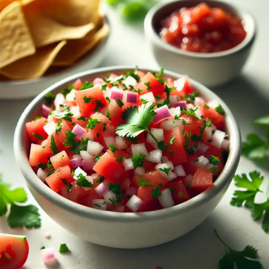 A close-up of a bowl of pico de gallo with diced tomatoes, onions, and cilantro, set on a smooth white surface with natural lighting.