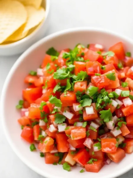 Fresh pico de gallo with diced tomatoes, onions, jalapeños, and cilantro served in a white bowl alongside crispy tortilla chips.