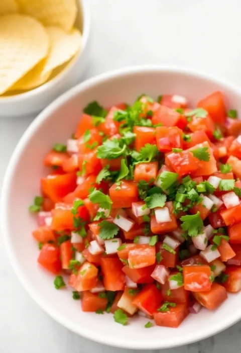 Fresh pico de gallo with diced tomatoes, onions, jalapeños, and cilantro served in a white bowl alongside crispy tortilla chips.