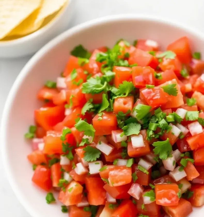 Fresh pico de gallo with diced tomatoes, onions, jalapeños, and cilantro served in a white bowl alongside crispy tortilla chips.