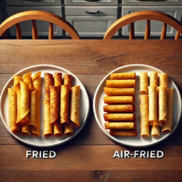 Two white plates with taquitos side by side, showing a comparison between golden-brown fried taquitos and lighter air-fried taquitos.