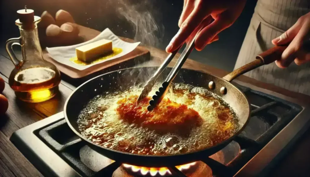 A hand using tongs to fry a breaded chicken fillet in sizzling oil with butter in the background.