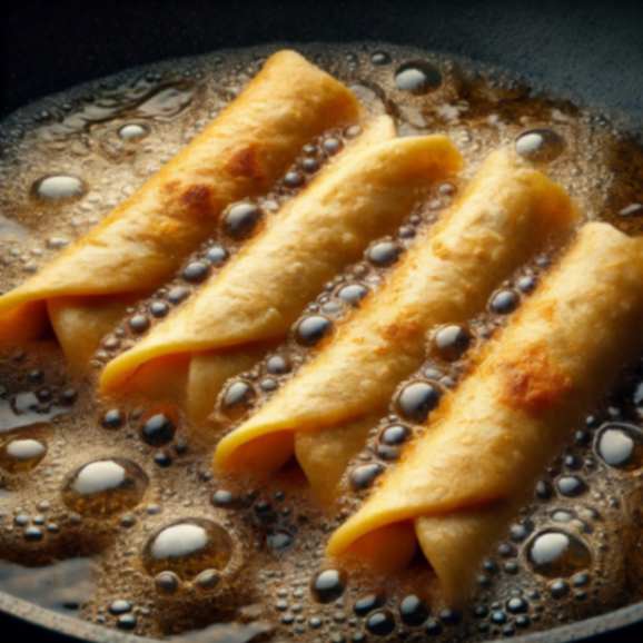 Crispy golden-brown taquitos frying in a pan with reduced sizzling oil and small bubbles surrounding the edges.