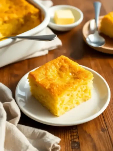 A golden slice of Easy Cornbread Casserole served on a white plate, with a buttery crust and moist texture, set on a rustic wooden table.