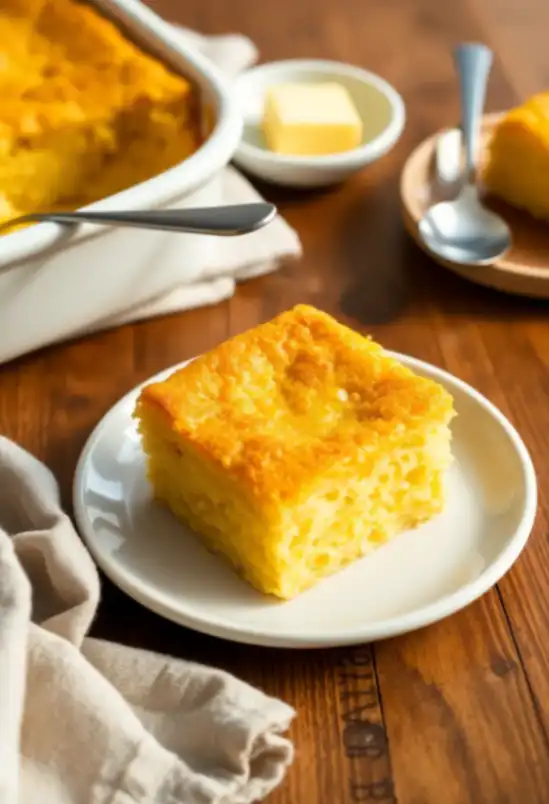 A golden slice of Easy Cornbread Casserole served on a white plate, with a buttery crust and moist texture, set on a rustic wooden table.