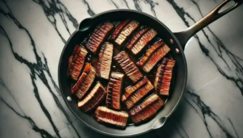 Deliciously grilled Beef Slices sizzling in a frying pan on a marble countertop, ready to be served.